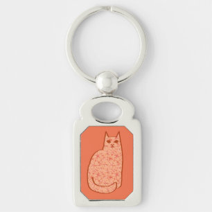 Mid-Century Modern Cat, Coral Orange and White Keychain