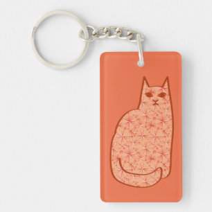 Mid-Century Modern Cat, Coral Orange and White  Keychain