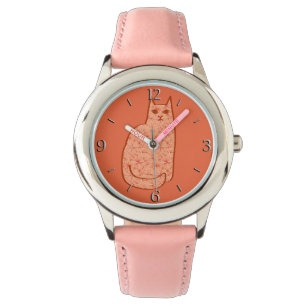 Mid-Century Modern Cat, Coral Orange and White  Watch
