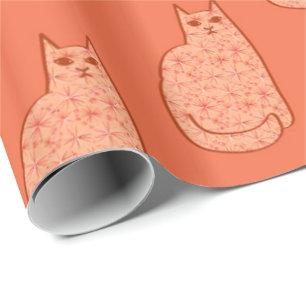 Mid-Century Modern Cat, Coral Orange and White Wrapping Paper