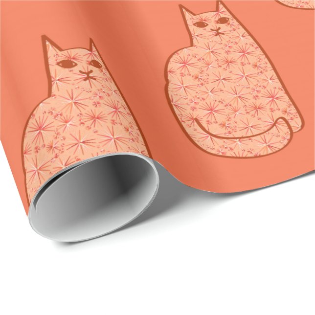 Mid-Century Modern Cat, Coral Orange and White Wrapping Paper (Roll Corner)