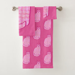 Mid-Century Modern Cat, Fuchsia and Light Pink Bath Towel Set