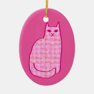 Mid-Century Modern Cat, Fuchsia and Light Pink  Ceramic Ornament