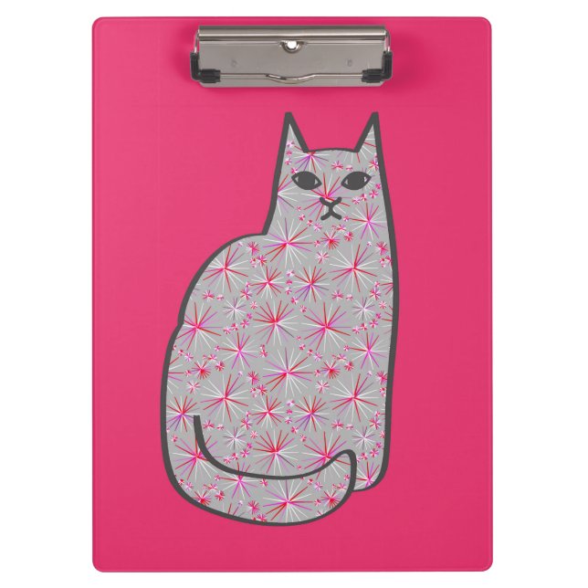 Mid-Century Modern Cat, Fuchsia and Light Pink Clipboard (Front)