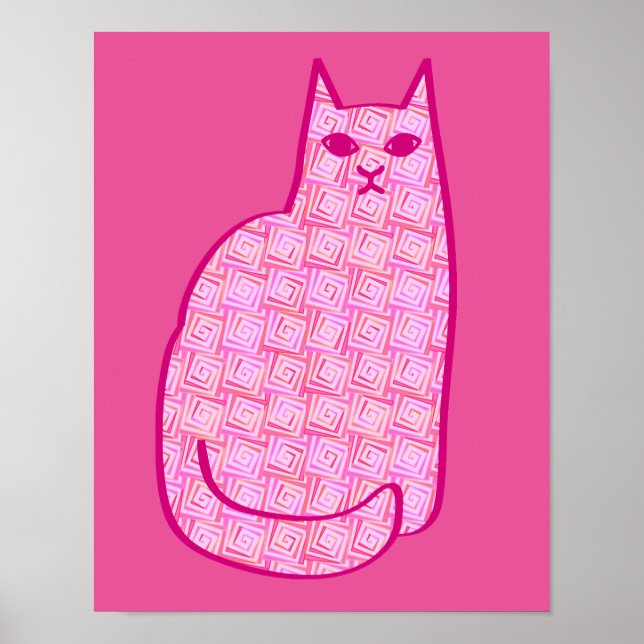 Mid-Century Modern Cat, Fuchsia and Light Pink Poster (Front)