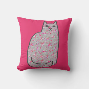 Mid-Century Modern Cat, Fuchsia and Light Pink Throw Pillow