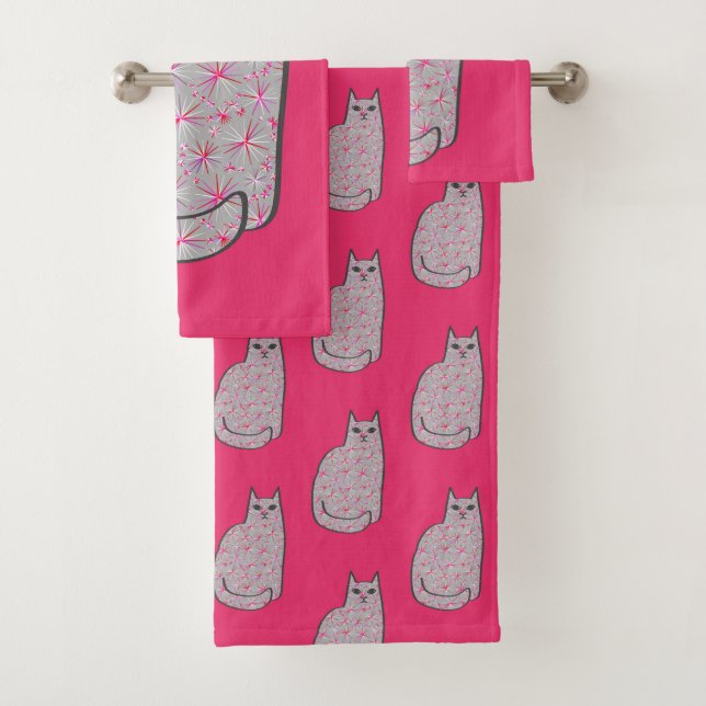 Mid-Century Modern Cat, Grey and Fuchsia Pink  Bath Towel Set (Insitu)