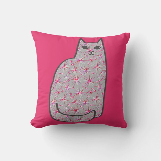 Mid-Century Modern Cat, Grey and Fuchsia Pink  Throw Pillow (Front)