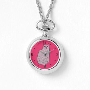 Mid-Century Modern Cat, Grey and Fuchsia Pink  Watch