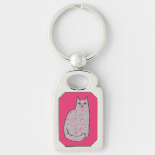 Mid-Century Modern Cat, Grey / Grey and Pink Keychain