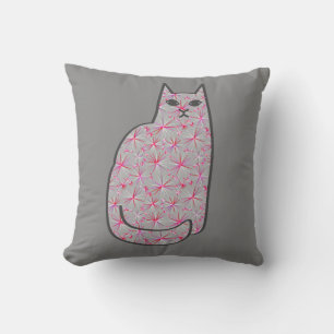 Mid-Century Modern Cat, Grey / Grey and Pink Throw Pillow