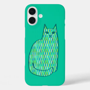 Mid-Century Modern Cat, Mint and Lime Green iPhone 16 Plus Case