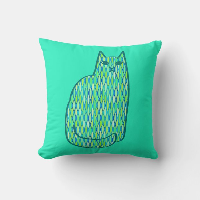 Mid-Century Modern Cat, Mint and Lime Green Throw Pillow (Front)