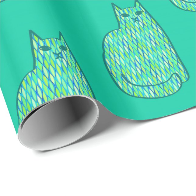Mid-Century Modern Cat, Mint and Lime Green Wrapping Paper (Roll Corner)
