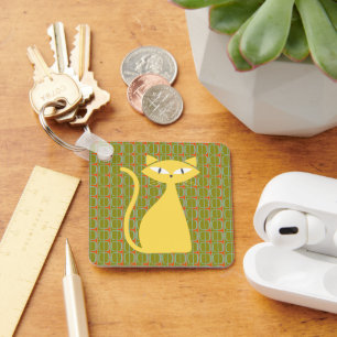 Mid Century Modern Cat on Geometric Pattern Keychain