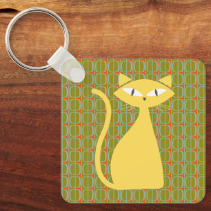 Mid Century Modern Cat on Geometric Pattern Keychain
