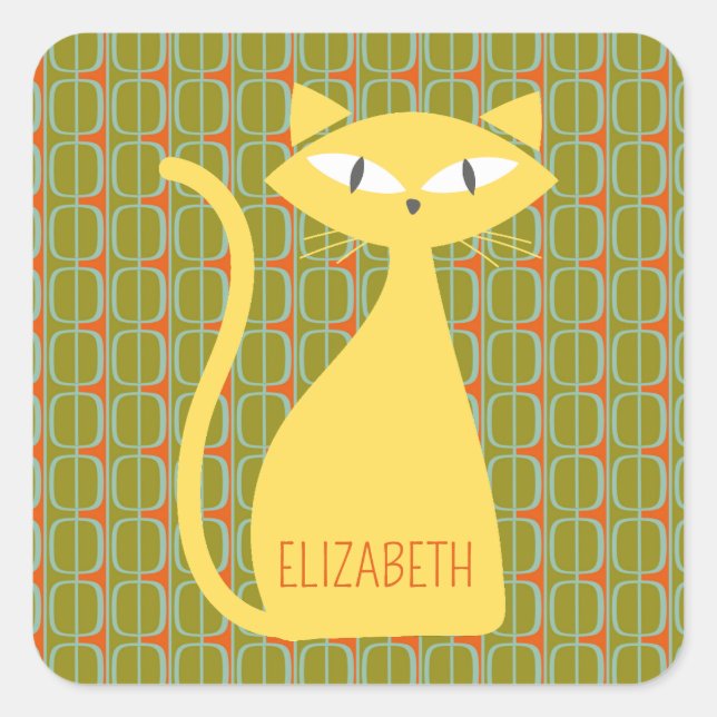 Mid Century Modern Cat on Geometric Pattern Square Sticker (Front)