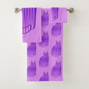 Mid-Century Modern Cat, Orchid and Purple Bath Towel Set