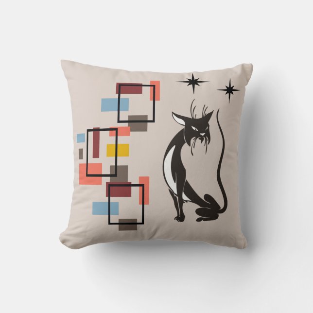 Mid Century Modern Cat Retro Squares Throw Pillow (Front)