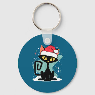 Mid Century Modern Cat Santa Hat Christmas 70s Ret Keychain