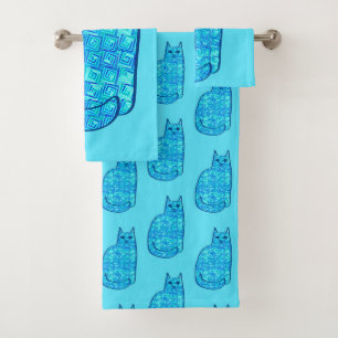 Mid-Century Modern Cat, Turquoise and Navy Bath Towel Set