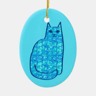 Mid-Century Modern Cat, Turquoise and Navy  Ceramic Ornament