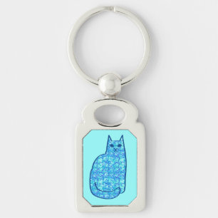 Mid-Century Modern Cat, Turquoise and Navy Keychain