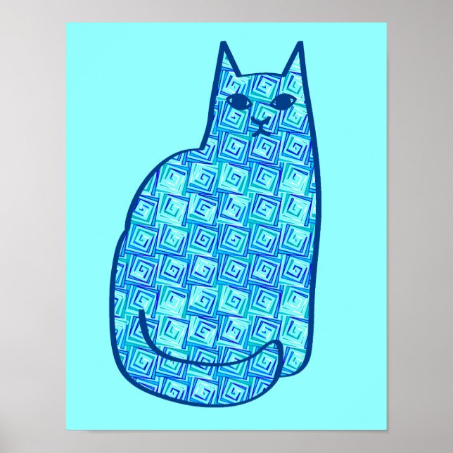 Mid-Century Modern Cat, Turquoise and Navy Poster (Front)