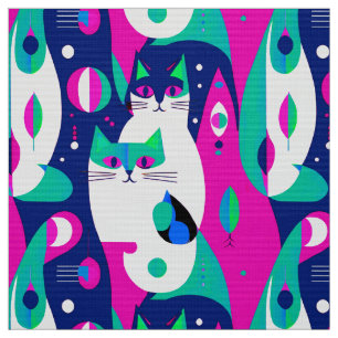 Mid-Century Modern Cats on a Dark Blue Backgroun Fabric