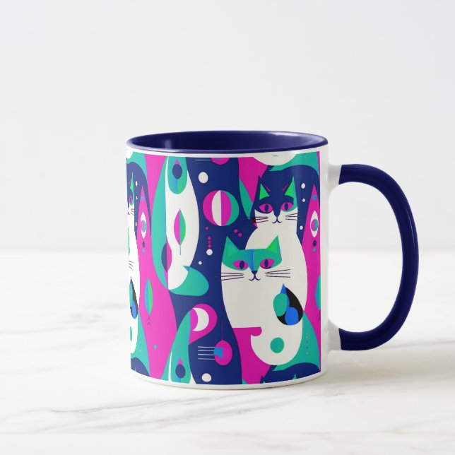  Mid-Century Modern Cats on a Dark Blue Background Mug (Right)