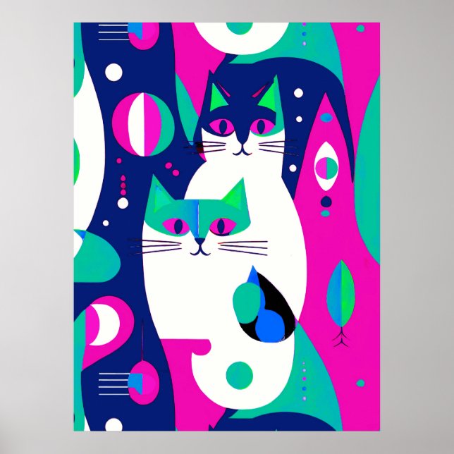  Mid-Century Modern Cats on a Dark Blue Background Poster (Front)