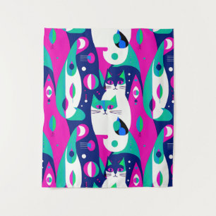  Mid-Century Modern Cats on a Dark Blue Background Tapestry