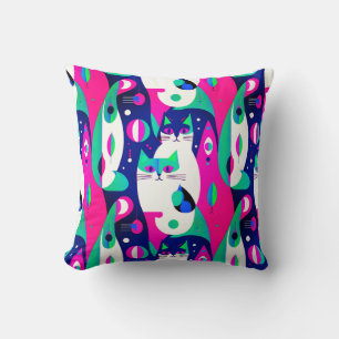  Mid-Century Modern Cats on a Dark Blue Background Throw Pillow