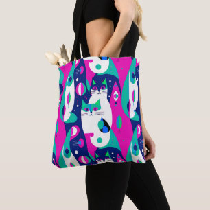 Mid-Century Modern Cats on a Dark Blue Background Tote Bag