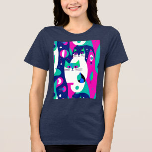 Mid-Century Modern Cats on a Dark Blue Background Tri-Blend Shirt