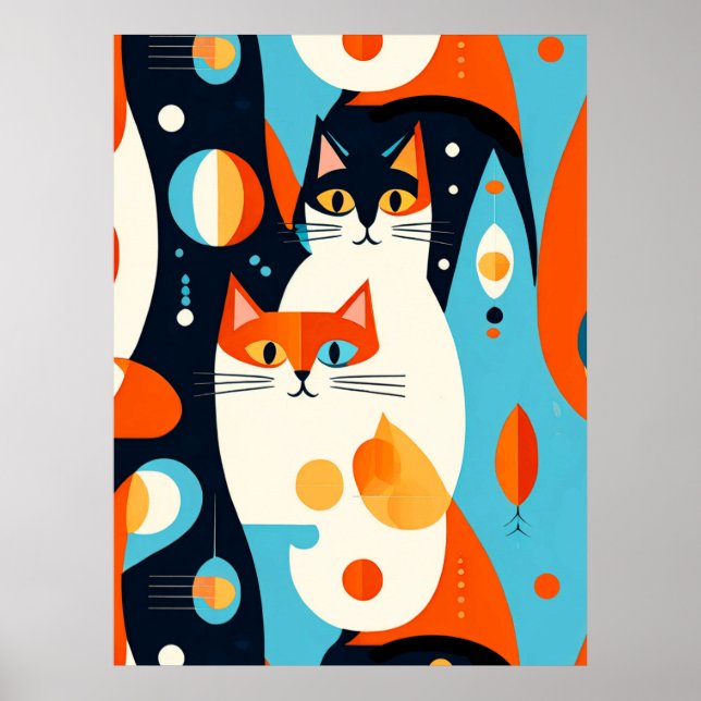  Mid-Century Modern Cats on an Abstract Background Poster (Front)