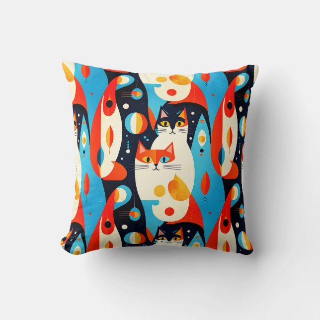  Mid-Century Modern Cats on an Abstract Background Throw Pillow (Front)