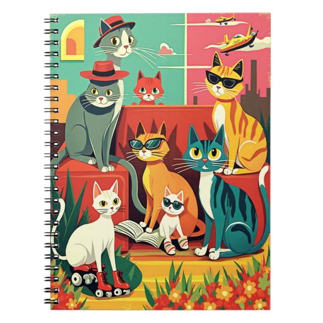 Mid Century Modern Cats on Vacation Notebook (Front)
