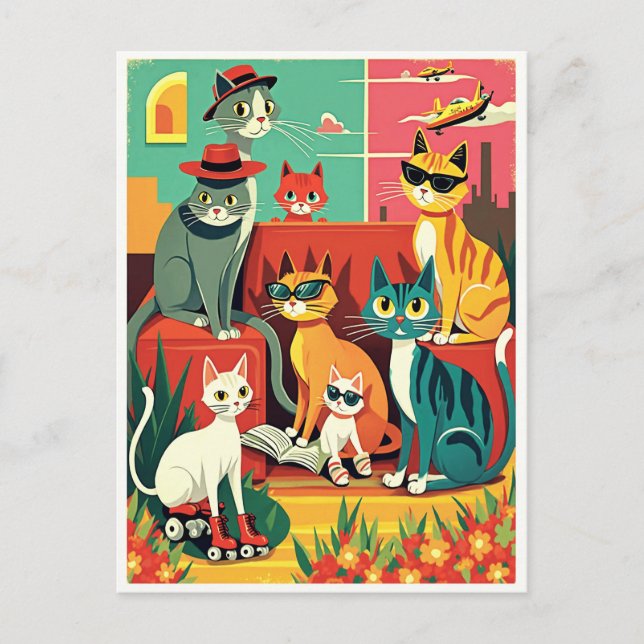 Mid Century Modern Cats on Vacation Postcard (Front)