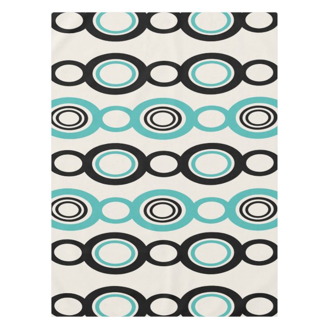Mid Century Modern Chain Links Black Turquoise Tablecloth (Front)