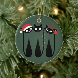 Mid Century Modern Christmas Cats Retro Classic Ceramic Ornament