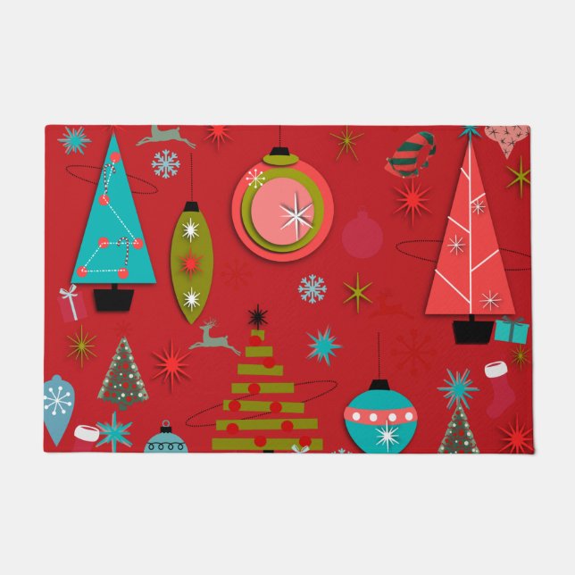 Mid-Century Modern Christmas Doormat Red (Front)