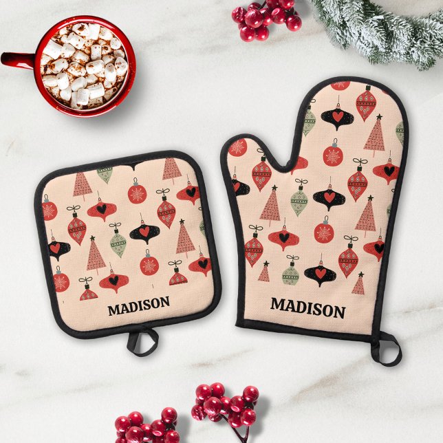 Mid Century Modern Christmas Pattern Custom Name Oven Mitt & Pot Holder Set (Creator Uploaded)