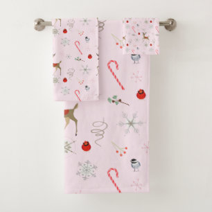 Mid Century Modern Christmas Reindeer Candy Canes Bath Towel Set