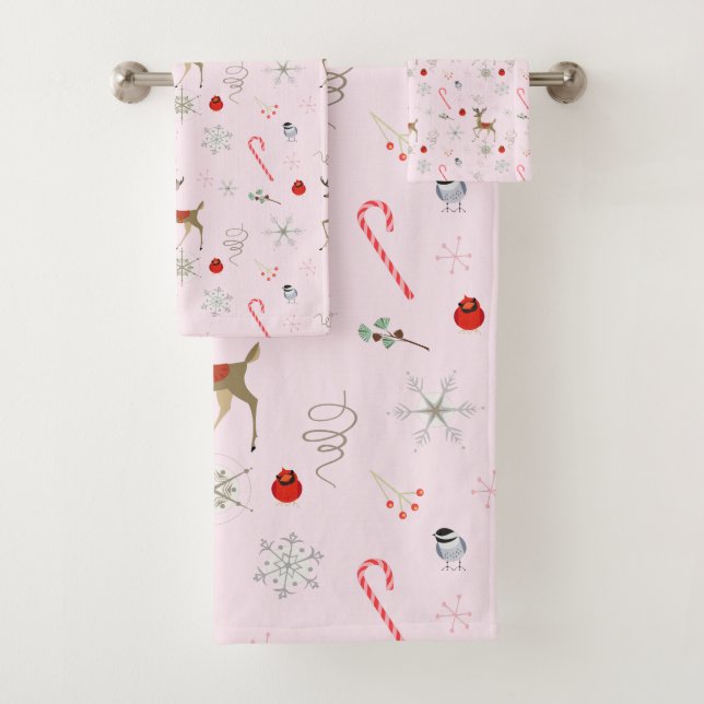  Mid Century Modern Christmas Reindeer Candy Canes Bath Towel Set (Insitu)