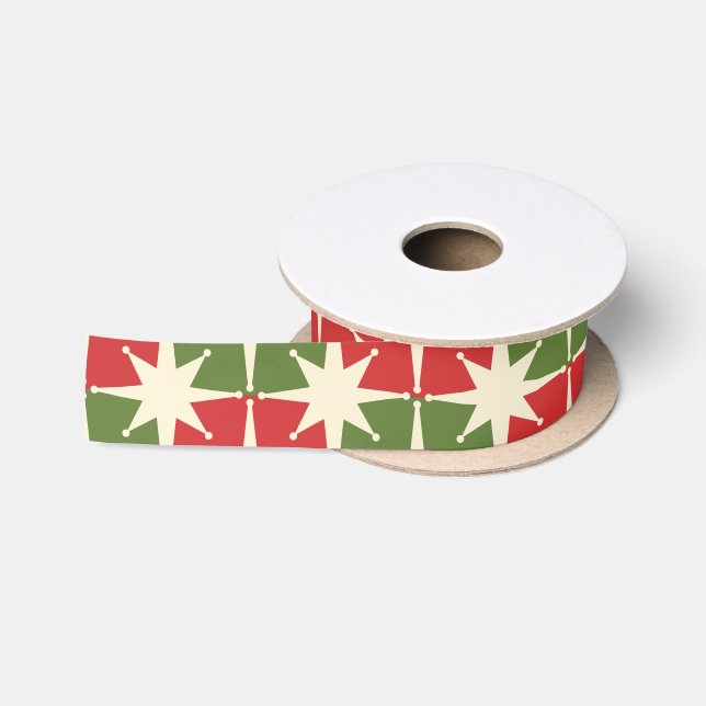 Mid Century Modern Christmas Retro Starbursts Satin Ribbon (Spool)