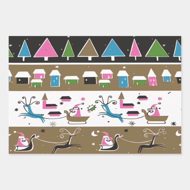 Mid Century Modern Christmas Scene Wrapping Paper Sheet (Front)