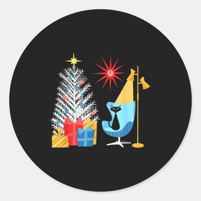 Mid-century Modern Christmas Tree And Cat In Retro Classic Round Sticker (Front)