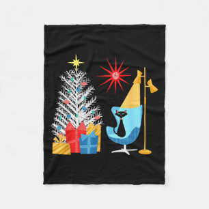 Mid-century Modern Christmas Tree And Cat In Retro Fleece Blanket