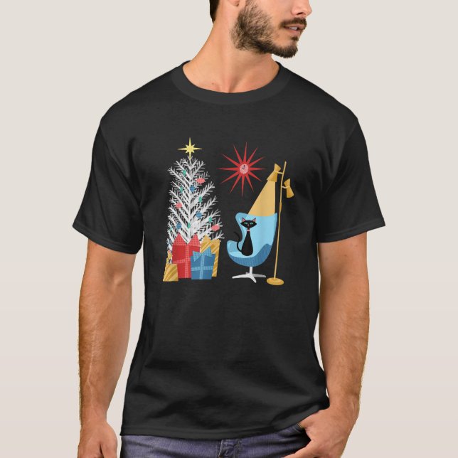 Mid Century Modern Christmas Tree and Cat in Retro T-Shirt (Front)